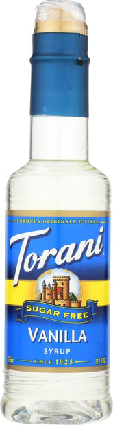 Torani vanilla sugar free front packaging showing bottle label and size benefits flavor consistency