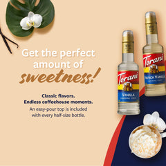 Torani label detail on bottle highlighting flavor names and barista-friendly design