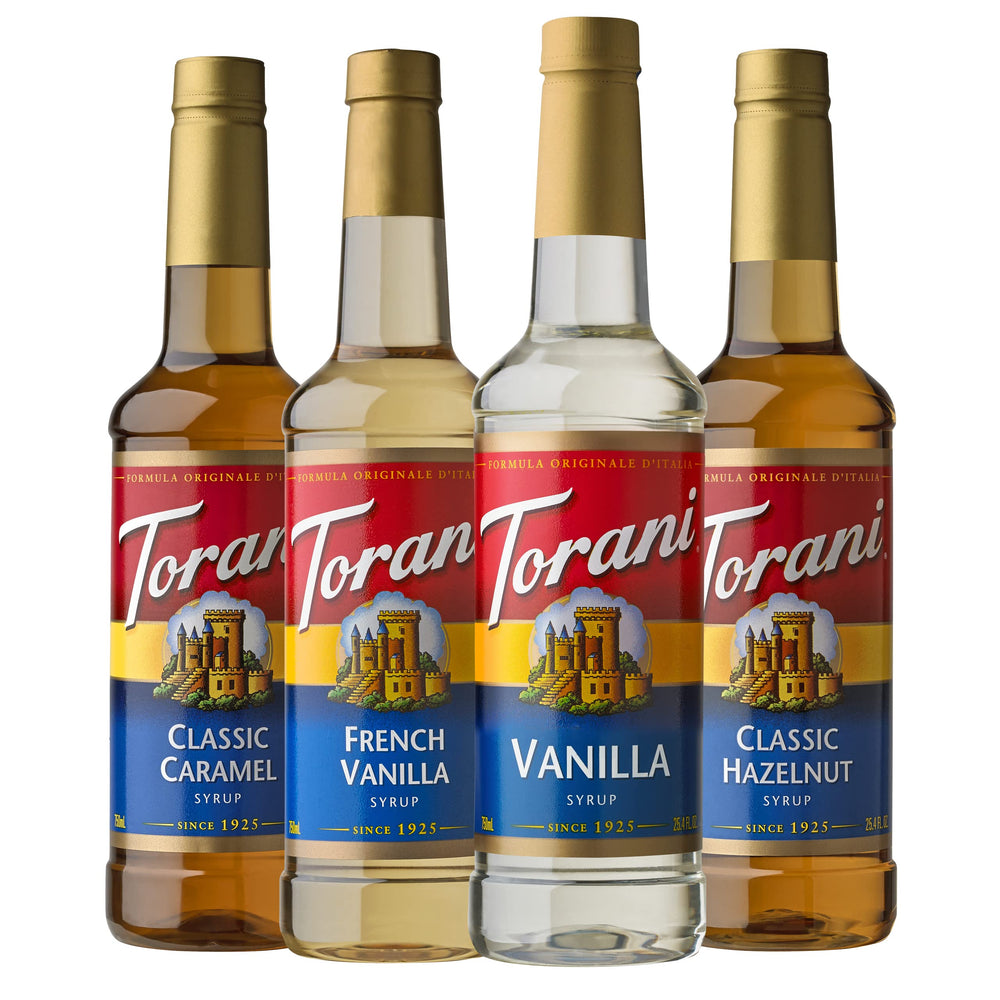 Torani variety pack front packaging showing four bottles and flavor labels benefit quick selection