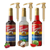 Torani Watermelon Coconut Raspberry 3-pack front view showing bottles and pumps for easy mixing