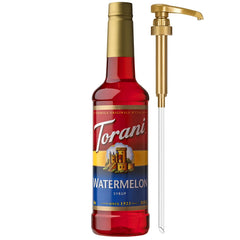 Torani watermelon front packaging showing bottle and pump, clear brand visibility and convenience