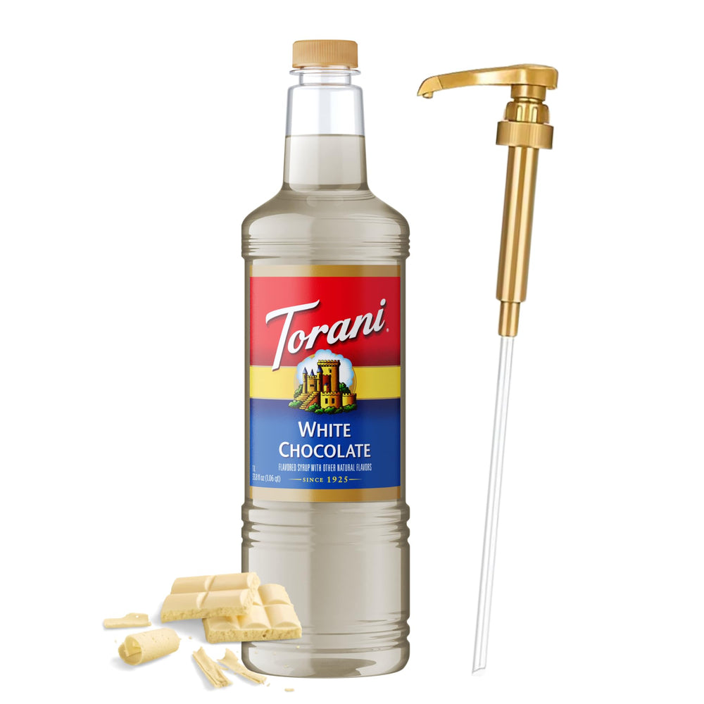 Torani white chocolate front bottle showing label and volume for quick identification