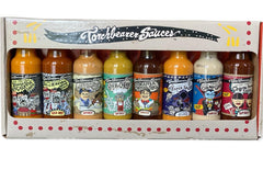torchbearer sauces front packaging gift box showing eight mini bottles and variety