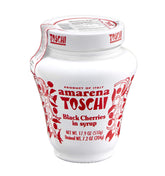 Toschi Amarena jar front view showing label and size, highlights authentic Italian origin