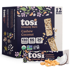 Tosi cashew coconut front packaging showing clean organic labeling and portable size