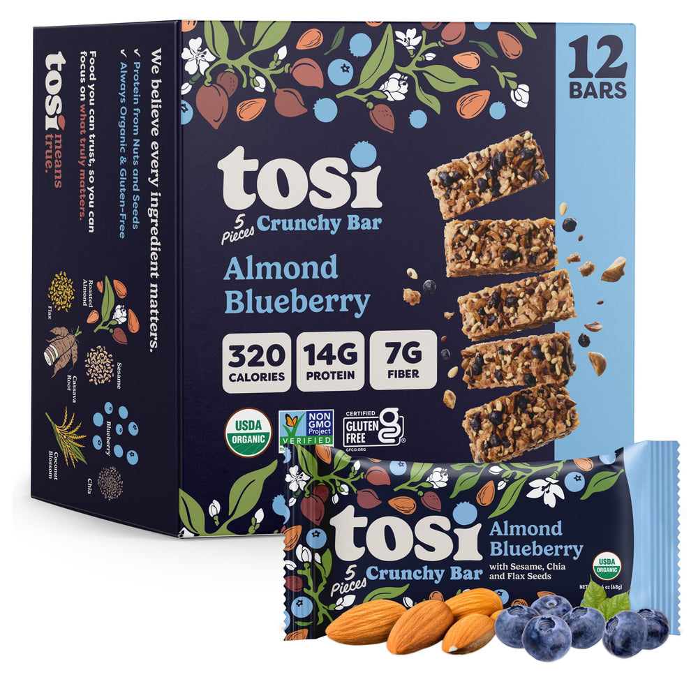 Tosi front packaging almond blueberry shows organic label and pack benefits