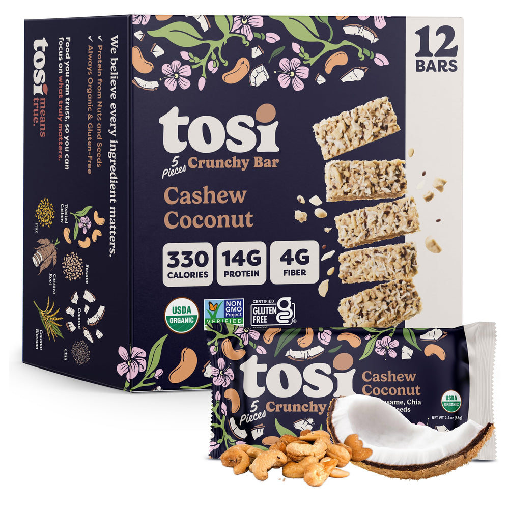 Tosi front packaging showing 12-pack and organic badge, clear shelf appeal