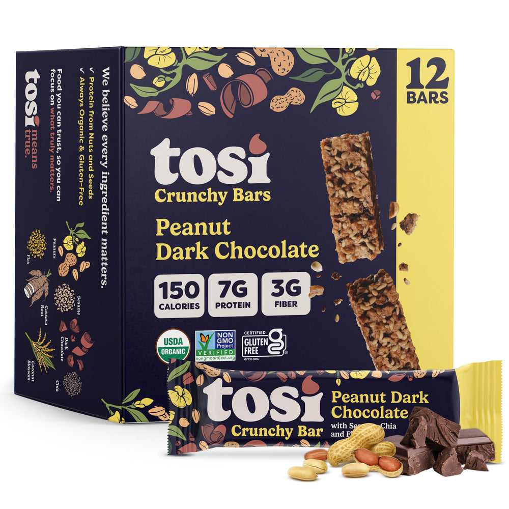 Tosi front packaging showing 12-pack and organic seal, convenient grab-and-go