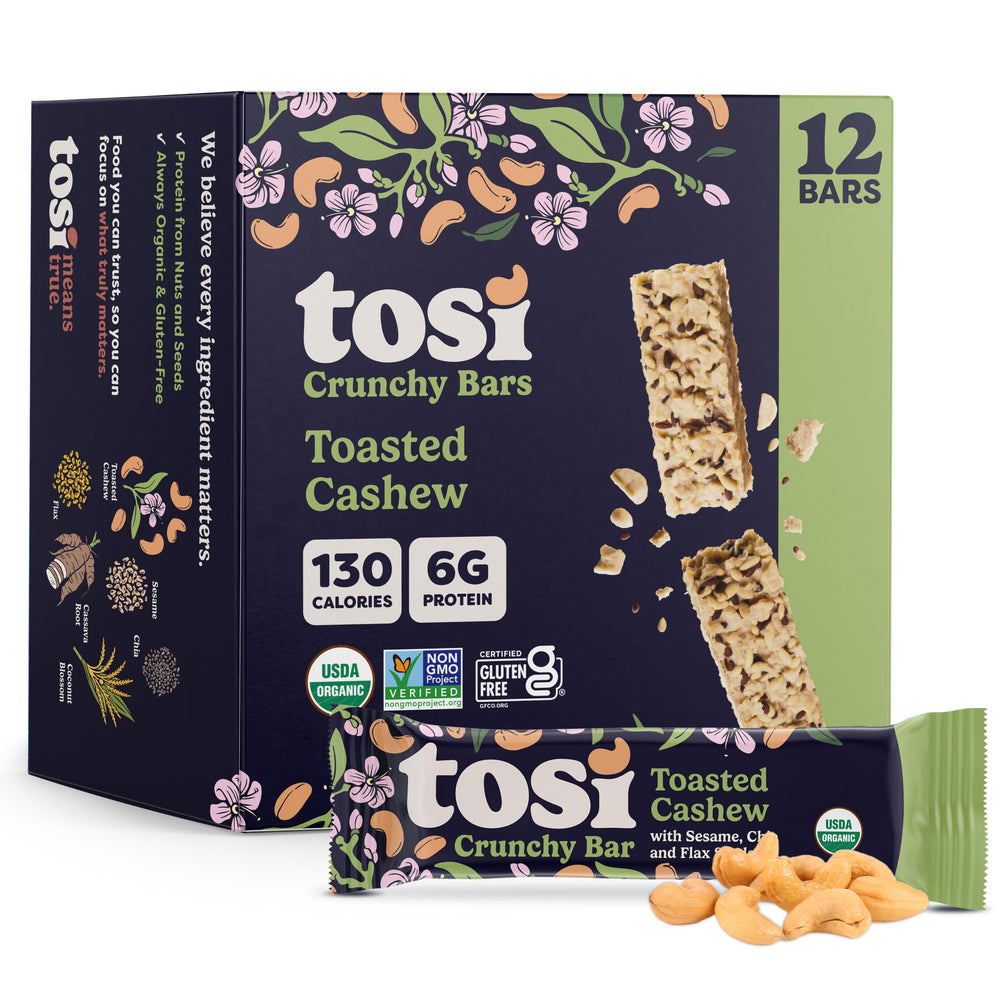 Tosi front packaging displaying cashew 12-pack and organic label benefits