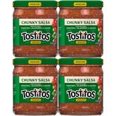 Tostitos front packaging showing four jars and serving suggestion benefit convenience