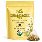 TOZZY front packaging showing 100-count organic chamomile box and benefits