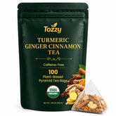 TOZZY front packaging showing organic turmeric ginger cinnamon and 100 count benefit convenience