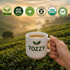 TOZZY pyramid bag close-up revealing turmeric and ginger root pieces for stronger flavor