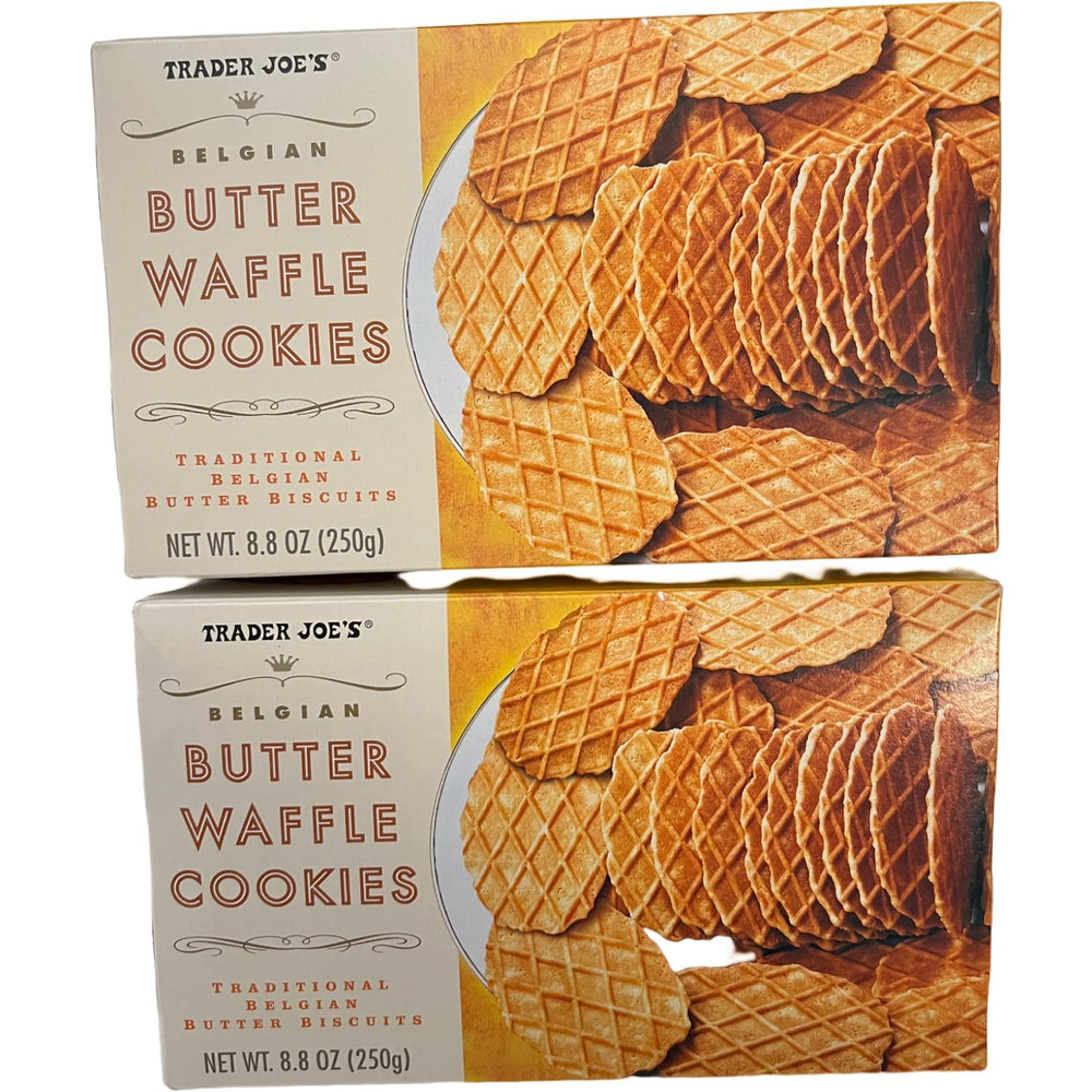 Trader Joe's front packaging of waffle cookies showing box and brand, convenient two-pack benefit