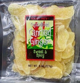 Trader Joe's front packaging of crystallized ginger showing three sealed snack packs and convenience