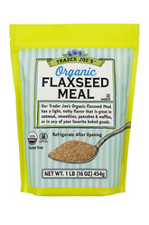 Trader Joe's front package view showing 1 lb organic gluten free flaxseed meal, clear labeling benefit