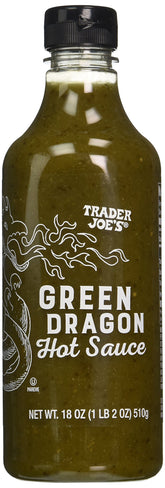 Trader Joe's Green Dragon front bottle showing label and vivid green color, perfect for adding bright heat