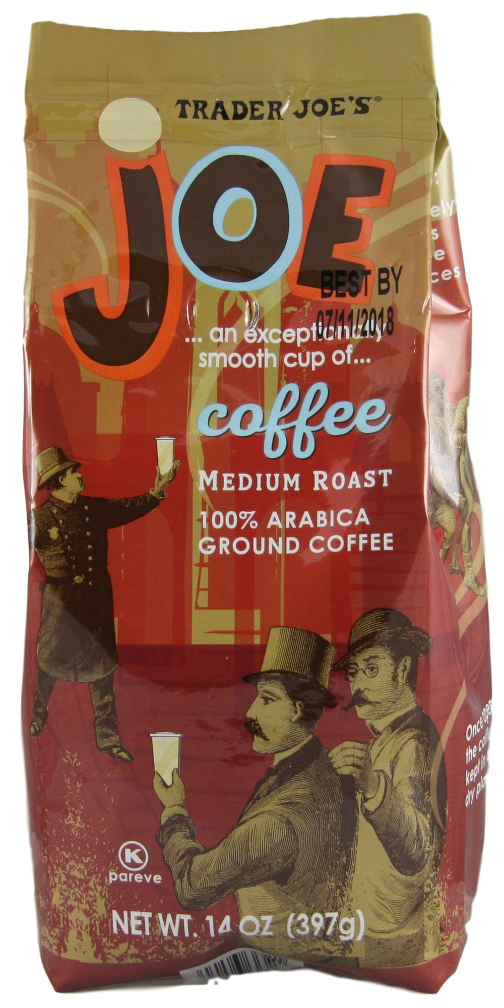 Trader Joe's Joe Ground Coffee bag front view showing medium roast and consistent everyday flavor