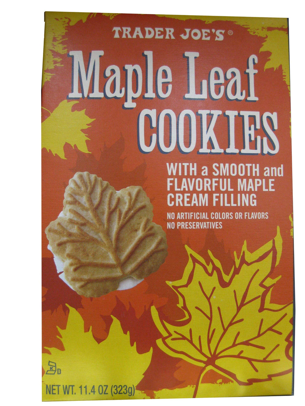 Trader Joe's cookie packaging showing two maple-leaf biscuits and freshness