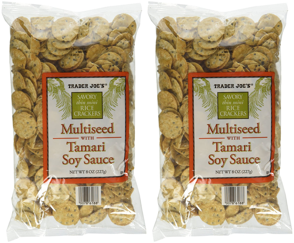 Trader Joe's front package view showing tamari rice crackers and pack benefits