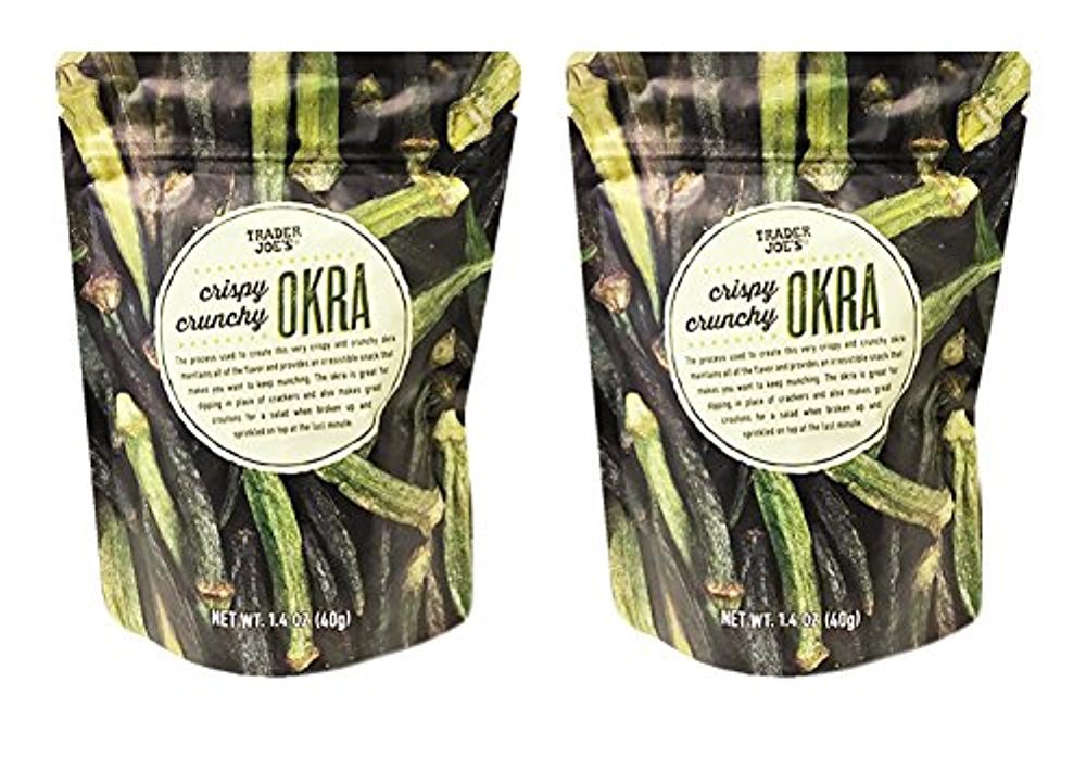 Trader Joe's front packaging of crispy crunchy okra showing bag and branding for quick identification and snacking convenience