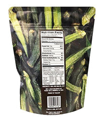 Trader Joe's okra crisps in a bowl beside a 1.4 oz bag illustrating portion size and an appealing crunchy texture
