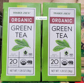 Trader Joe's organic green tea front box showing branding and contents, convenient daily supply