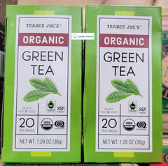 Trader Joe's organic green tea front box showing branding and contents, convenient daily supply