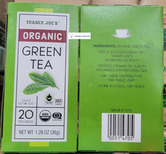 Trader Joe's organic green tea teabag close-up with brewed cup, highlights easy, fresh brewing