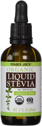 Trader Joe's organic liquid stevia front bottle shows compact organic sweetener for convenience