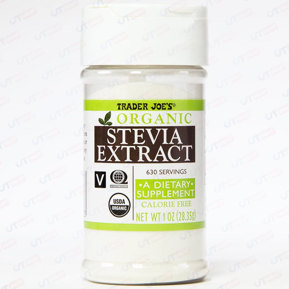 Trader Joe's jar front view showing organic stevia extract and label, clear product identity and convenience