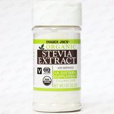 Trader Joe's jar front view showing organic stevia extract and label, clear product identity and convenience