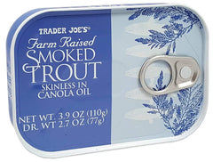 Trader Joe's smoked trout close-up of fillet texture in oil highlighting moist tender flakes