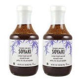 Trader Joe's Soyaki bottle front view, clear label and pour benefit