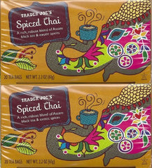 Trader Joe's spiced chai front packaging showing rich blend and warming flavor benefit