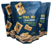 Trader Joe's front packaging of Trail Mix Crackers showing 3-pack and ingredients benefit ready snack