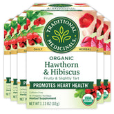 Traditional Medicinals front box showing hawthorn and hibiscus, clear organic labeling and supply benefit