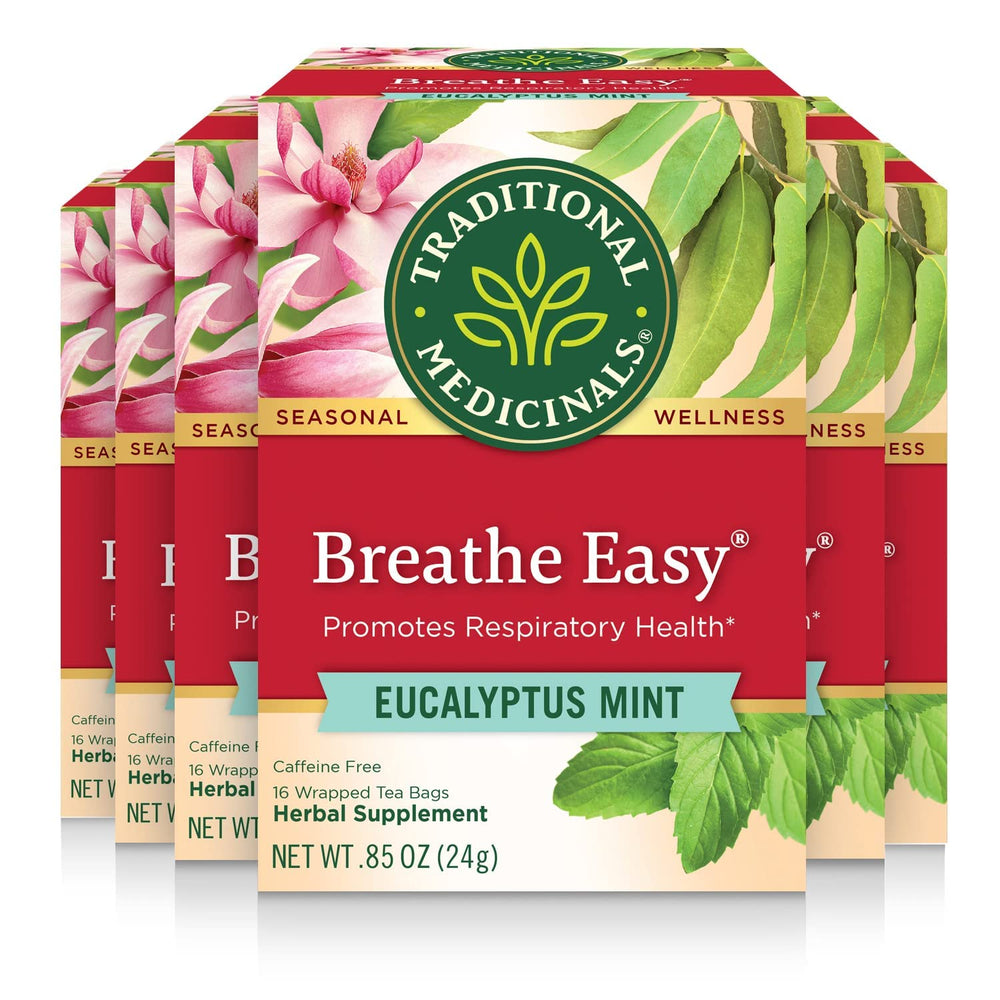 Traditional Medicinals box front showing eucalyptus mint branding and benefits