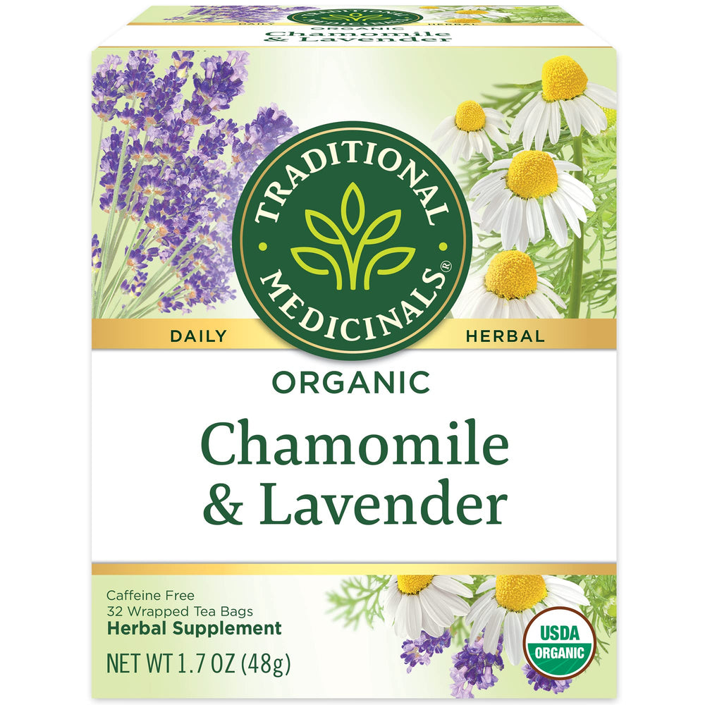 Traditional Medicinals front box showing organic chamomile and lavender, promotes relaxation
