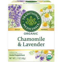 Traditional Medicinals front box showing organic chamomile and lavender, promotes relaxation