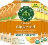 Traditional Medicinals front packaging showing ginger aid tea and benefits