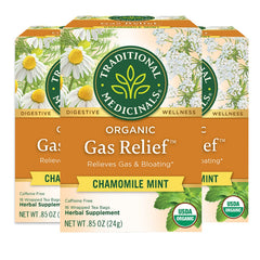 Traditional Medicinals front packaging showing chamomile mint and organic benefit
