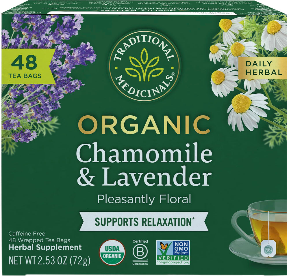 Traditional Medicinals front packaging showing organic calming tea benefits