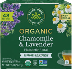 Traditional Medicinals front packaging showing organic calming tea benefits