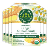 Traditional Medicinals front box showing organic ginger and chamomile benefits