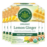 Traditional Medicinals front packaging showing organic lemon ginger tea benefits