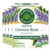 Traditional Medicinals front packaging showing organic licorice root tea benefit soothing