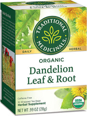 Traditional Medicinals loose tea contents showing dandelion leaf and root pieces, natural texture