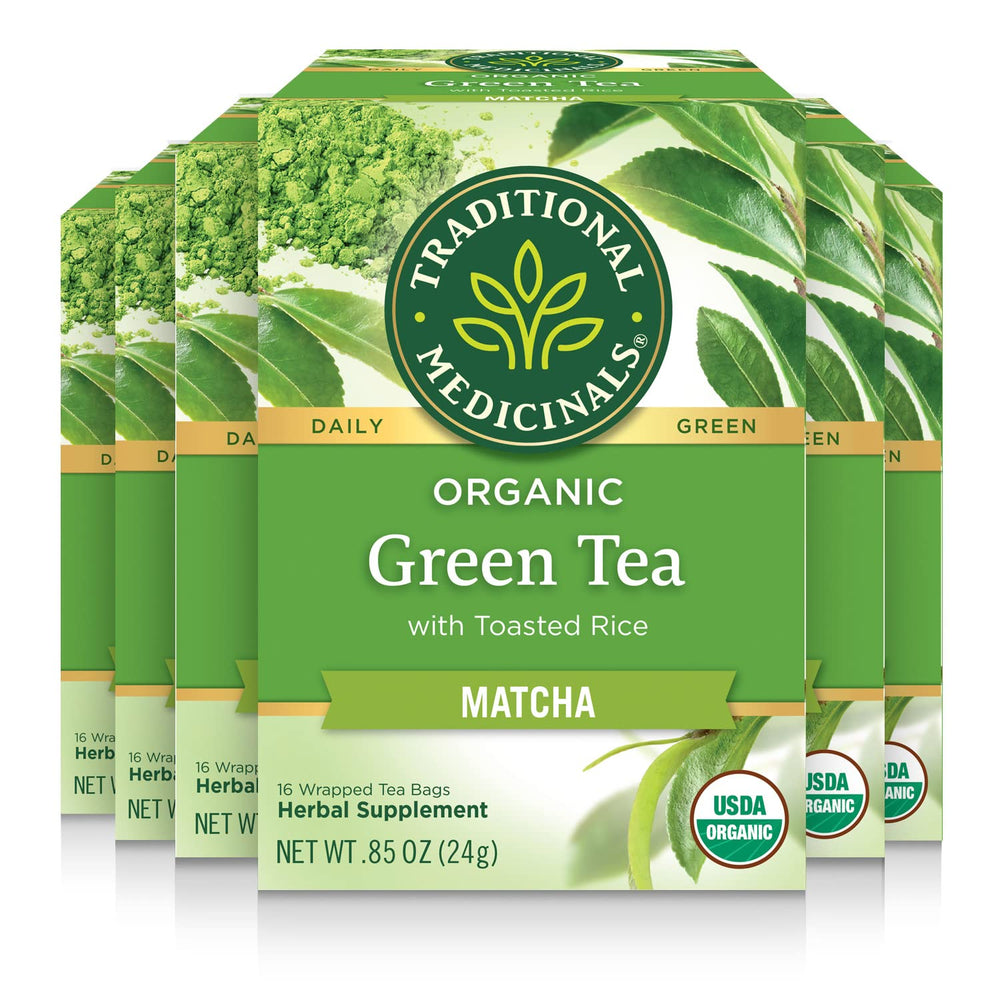 Traditional Medicinals front packaging showing 96 tea bags and organic badge, clear pantry benefit