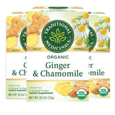 Traditional Medicinals pack front showing organic ginger and chamomile benefits